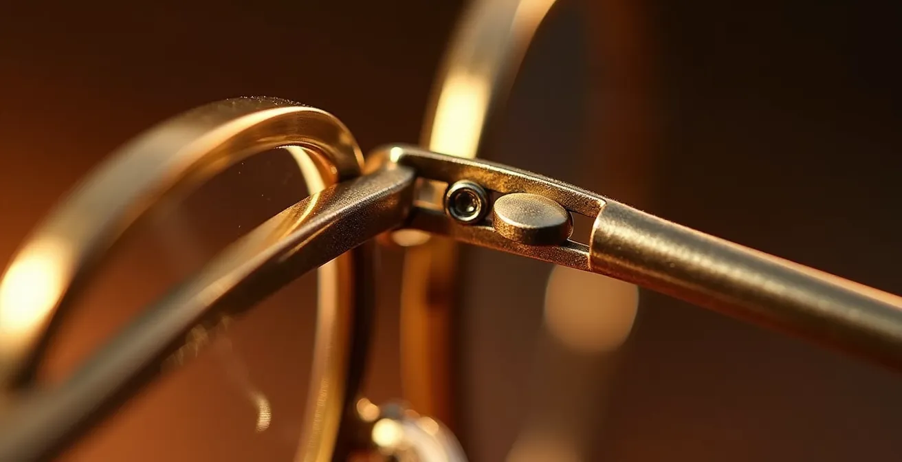 Vue macro détaillée de la charnière et des finitions dorées d'une monture de luxe