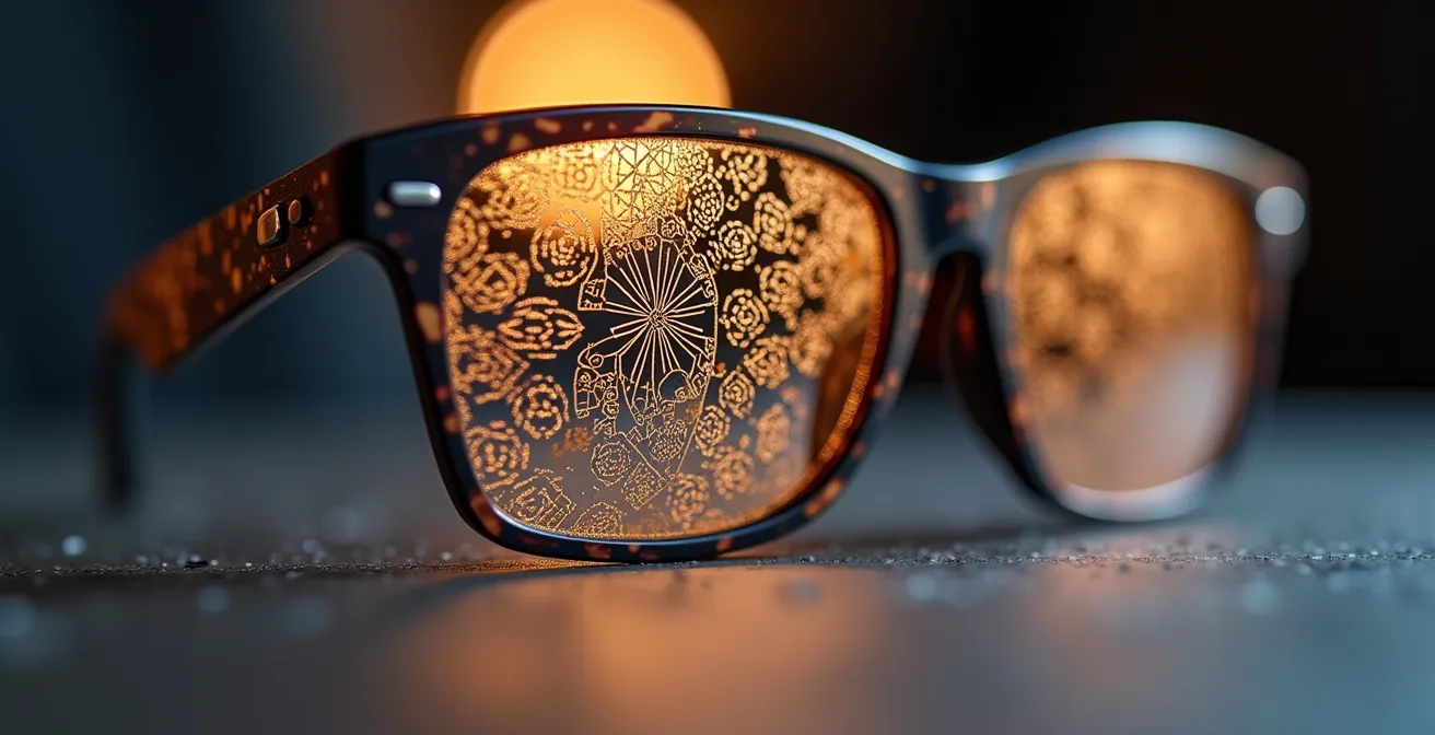 Vue macro d'une gravure laser authentique sur verre Ray-Ban