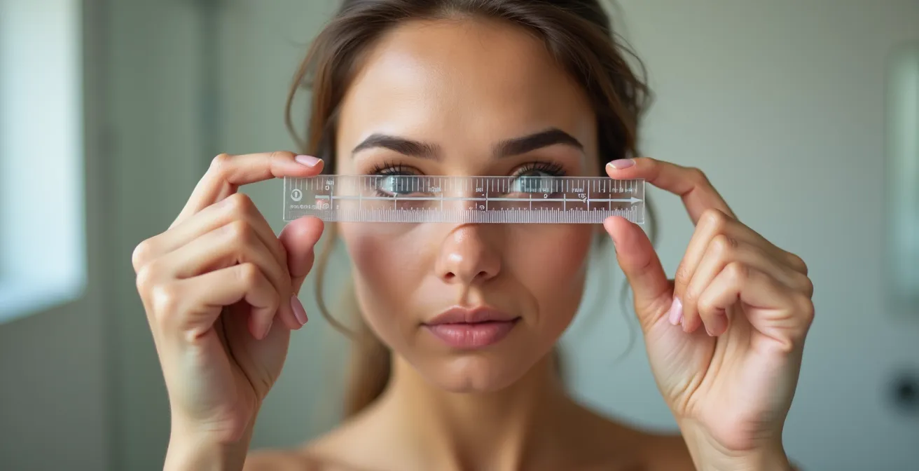 Gros plan sur une main tenant une règle transparente devant un visage pour mesurer l'écart pupillaire
