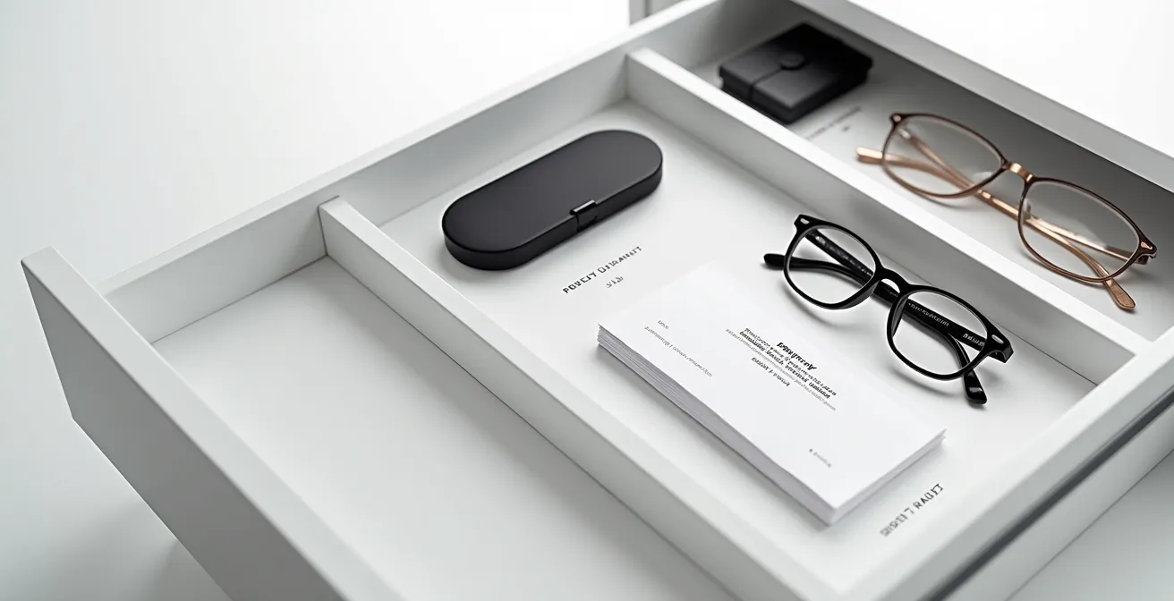 Espace de rangement organisé avec documents et étui à lunettes