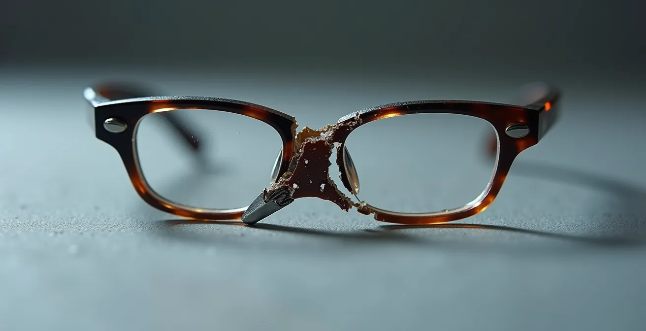 Détail macro d'une branche de lunettes partiellement cassée